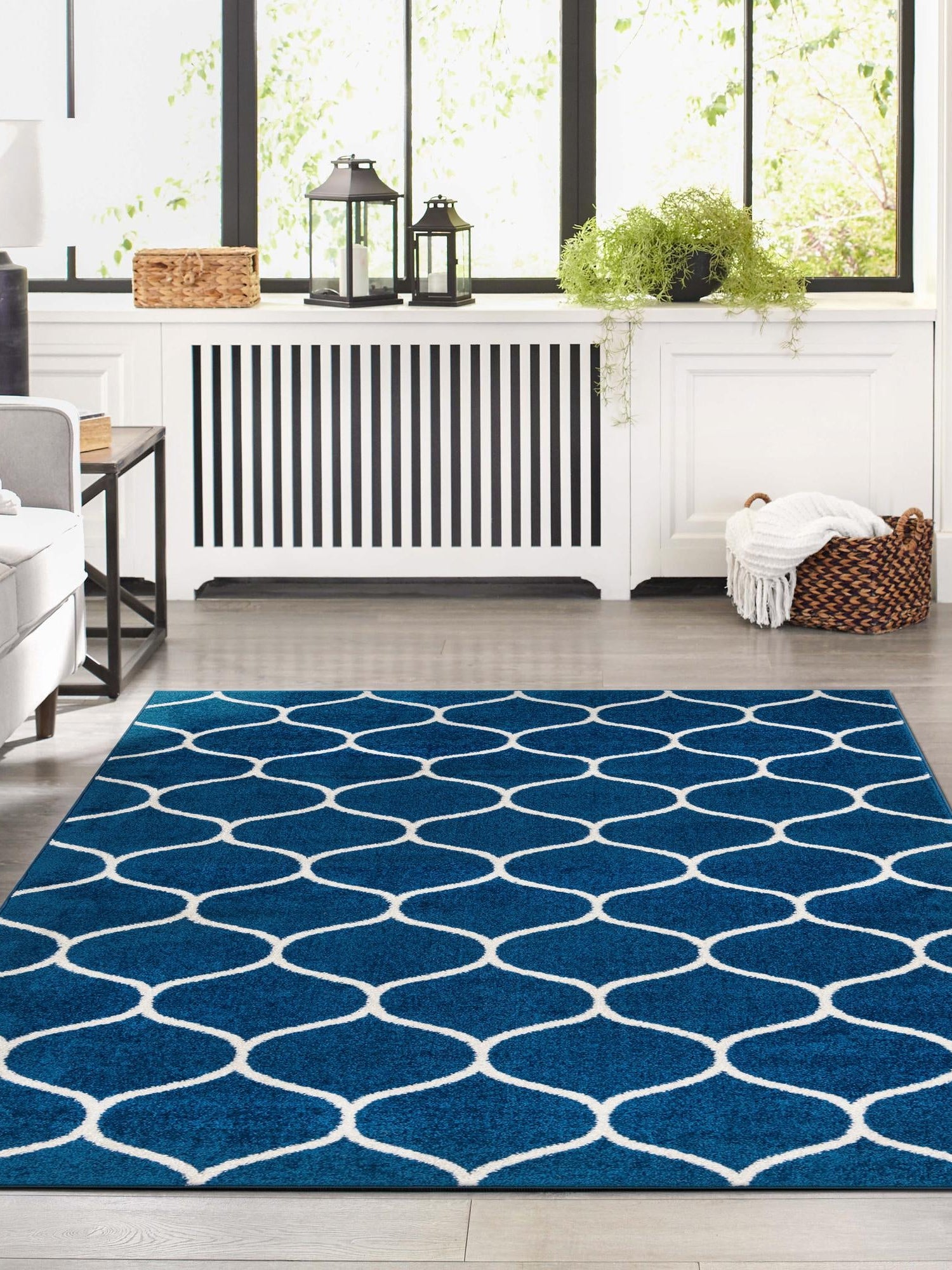 Navy Blue 6' 1 x 9' Trellis Frieze Rectangle Area Rug Geometric Modern Unique Stain Resistant Easy Clean Carpet for Living, Dining, Bedrooms, Office for Sale at Rug Engine