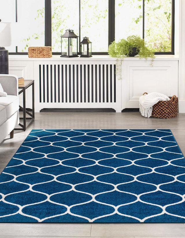 Navy Blue 7' 10 x 10' Trellis Frieze Rectangle Area Rug Geometric Modern Unique Stain Resistant Easy Clean Carpet for Living, Dining, Bedrooms, Office for Sale at Rug Engine