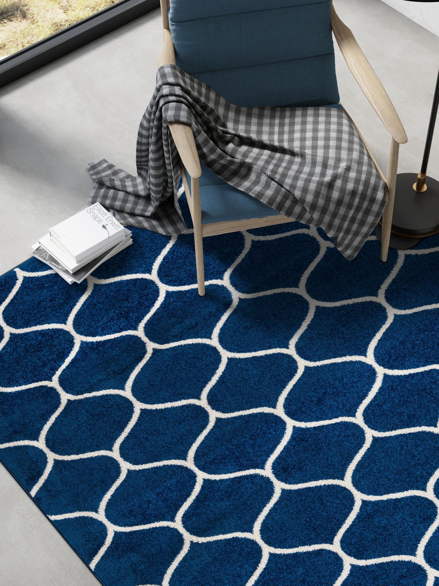 Navy Blue 7' 10 x 11' Trellis Frieze Rectangle Area Rug Geometric Modern Unique Stain Resistant Easy Clean Carpet for Living, Dining, Bedrooms, Office for Sale at Rug Engine