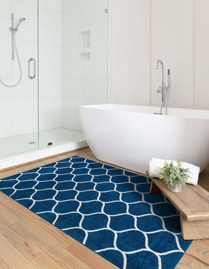 Navy Blue 5' 3 x 8' Trellis Frieze Rectangle Area Rug Geometric Modern Unique Stain Resistant Easy Clean Carpet for Living, Dining, Bedrooms, Office for Sale at Rug Engine