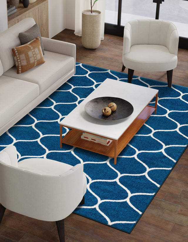 Navy Blue 7' 10 x 10' Trellis Frieze Rectangle Area Rug Geometric Modern Unique Stain Resistant Easy Clean Carpet for Living, Dining, Bedrooms, Office for Sale at Rug Engine