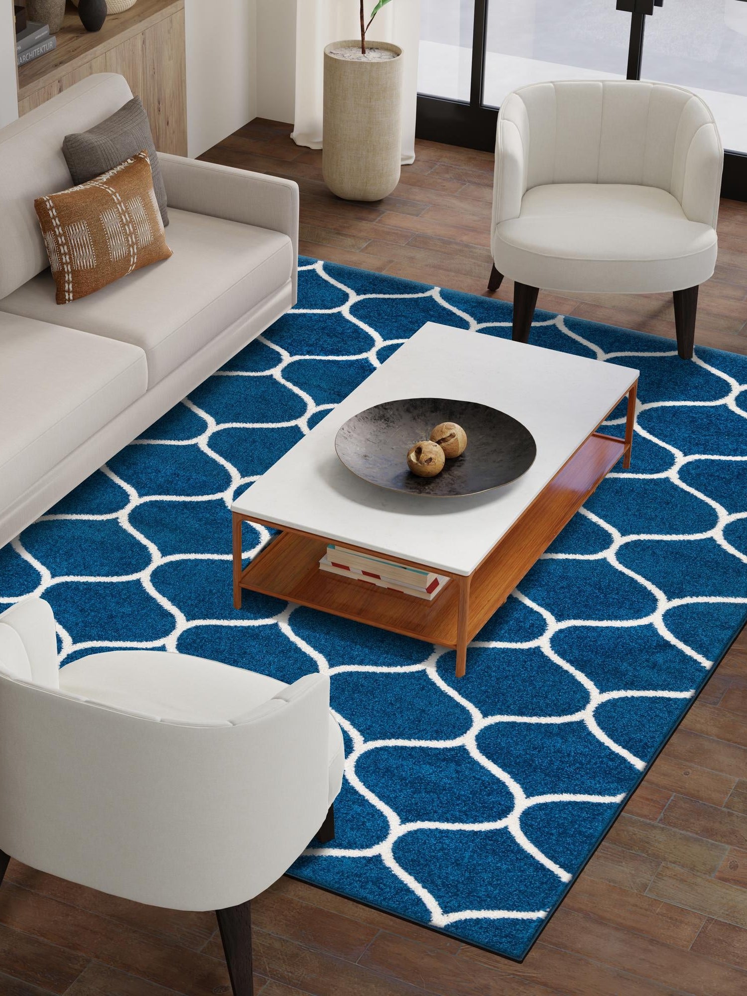 Navy Blue 6' 1 x 9' Trellis Frieze Rectangle Area Rug Geometric Modern Unique Stain Resistant Easy Clean Carpet for Living, Dining, Bedrooms, Office for Sale at Rug Engine