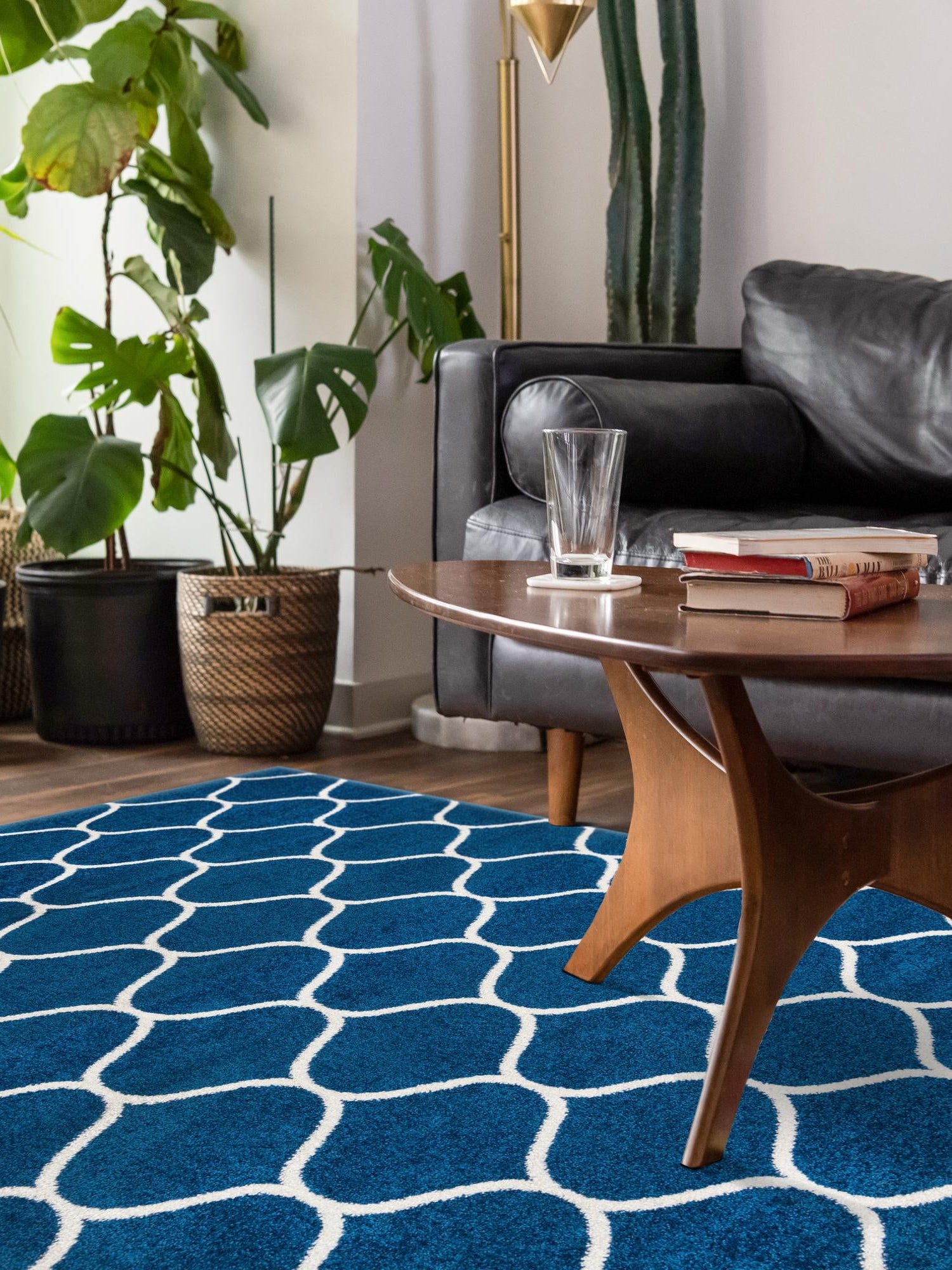 Navy Blue 6' 1 x 9' Trellis Frieze Rectangle Area Rug Geometric Modern Unique Stain Resistant Easy Clean Carpet for Living, Dining, Bedrooms, Office for Sale at Rug Engine