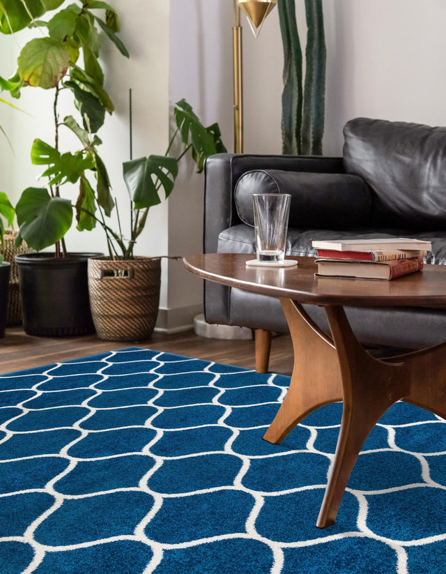 Navy Blue 5' 3 x 8' Trellis Frieze Rectangle Area Rug Geometric Modern Unique Stain Resistant Easy Clean Carpet for Living, Dining, Bedrooms, Office for Sale at Rug Engine