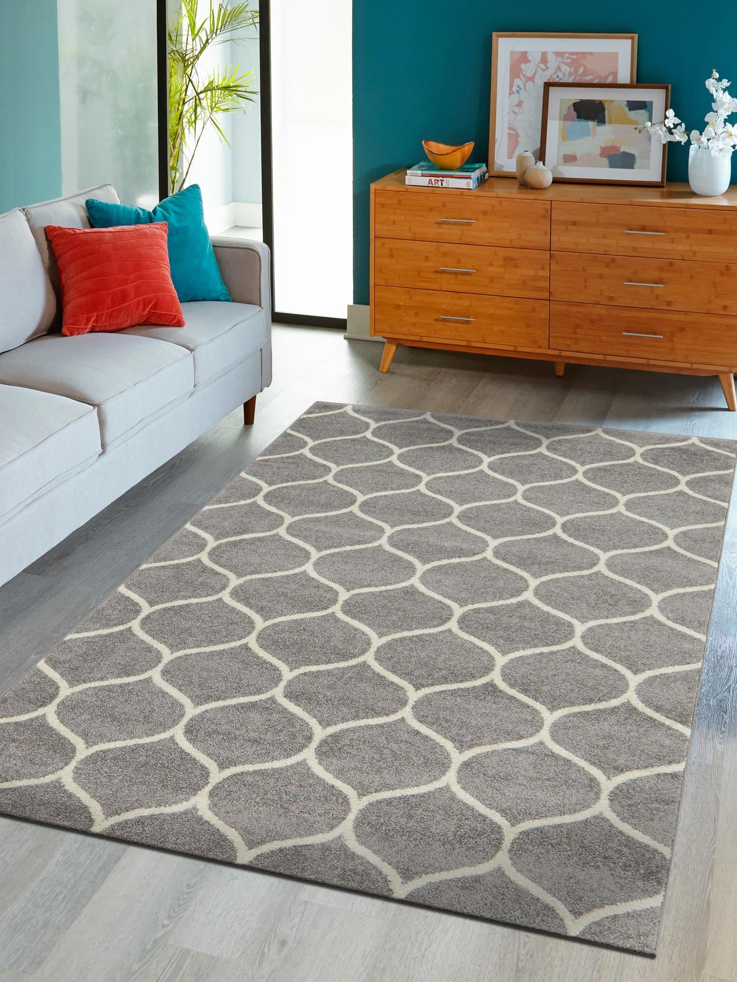 Light Gray 5' 3 x 8' Trellis Frieze Rectangle Area Rug Geometric Modern Unique Stain Resistant Easy Clean Carpet for Living, Dining, Bedrooms, Office for Sale at Rug Engine