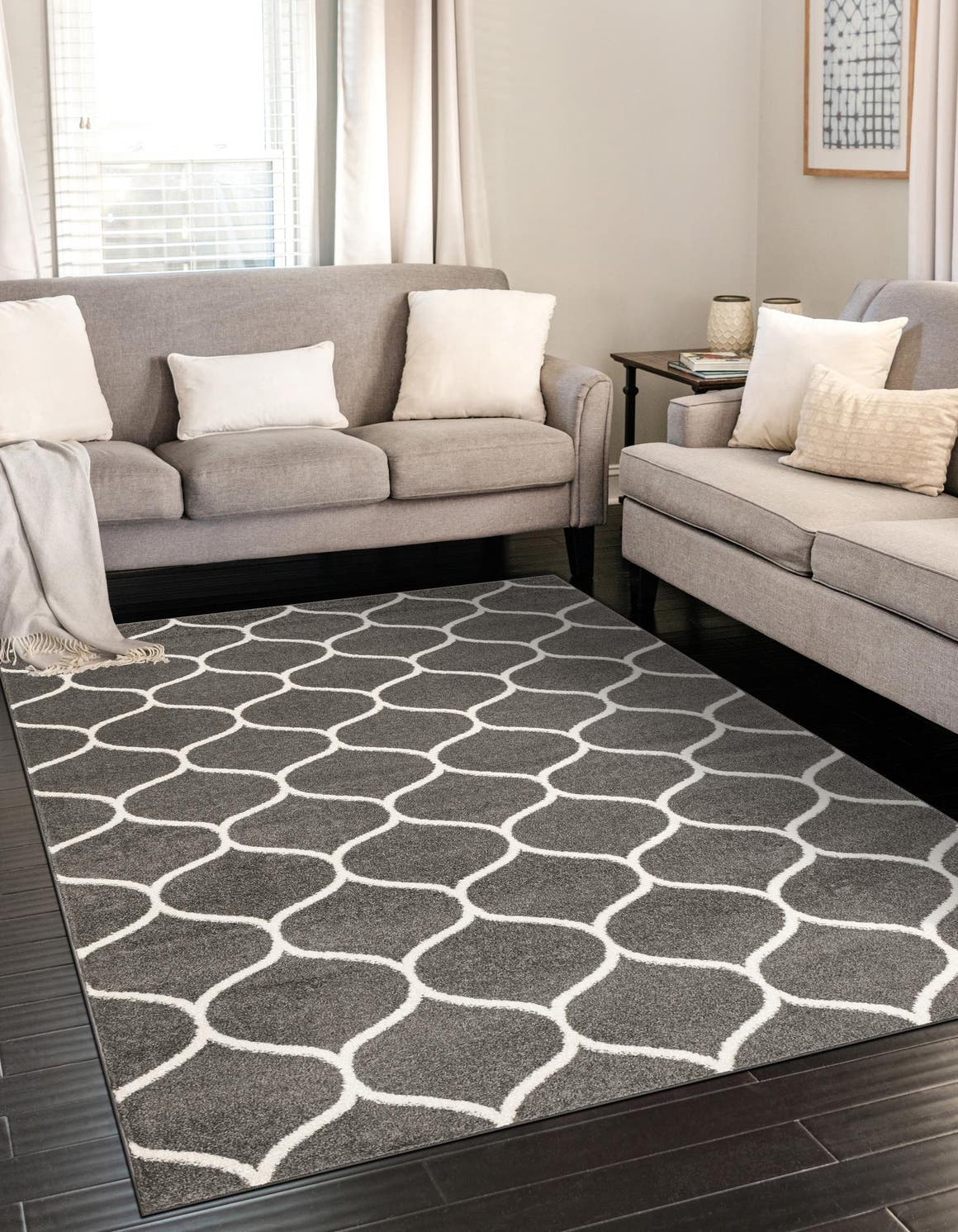 Dark Gray 7' 10 x 10' Trellis Frieze Rectangle Area Rug Geometric Modern Unique Stain Resistant Easy Clean Carpet for Living, Dining, Bedrooms, Office for Sale at Rug Engine