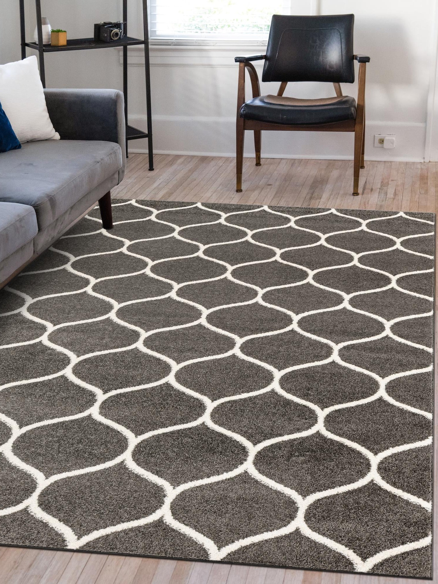 Dark Gray 7' 10 x 10' Trellis Frieze Rectangle Area Rug Geometric Modern Unique Stain Resistant Easy Clean Carpet for Living, Dining, Bedrooms, Office for Sale at Rug Engine