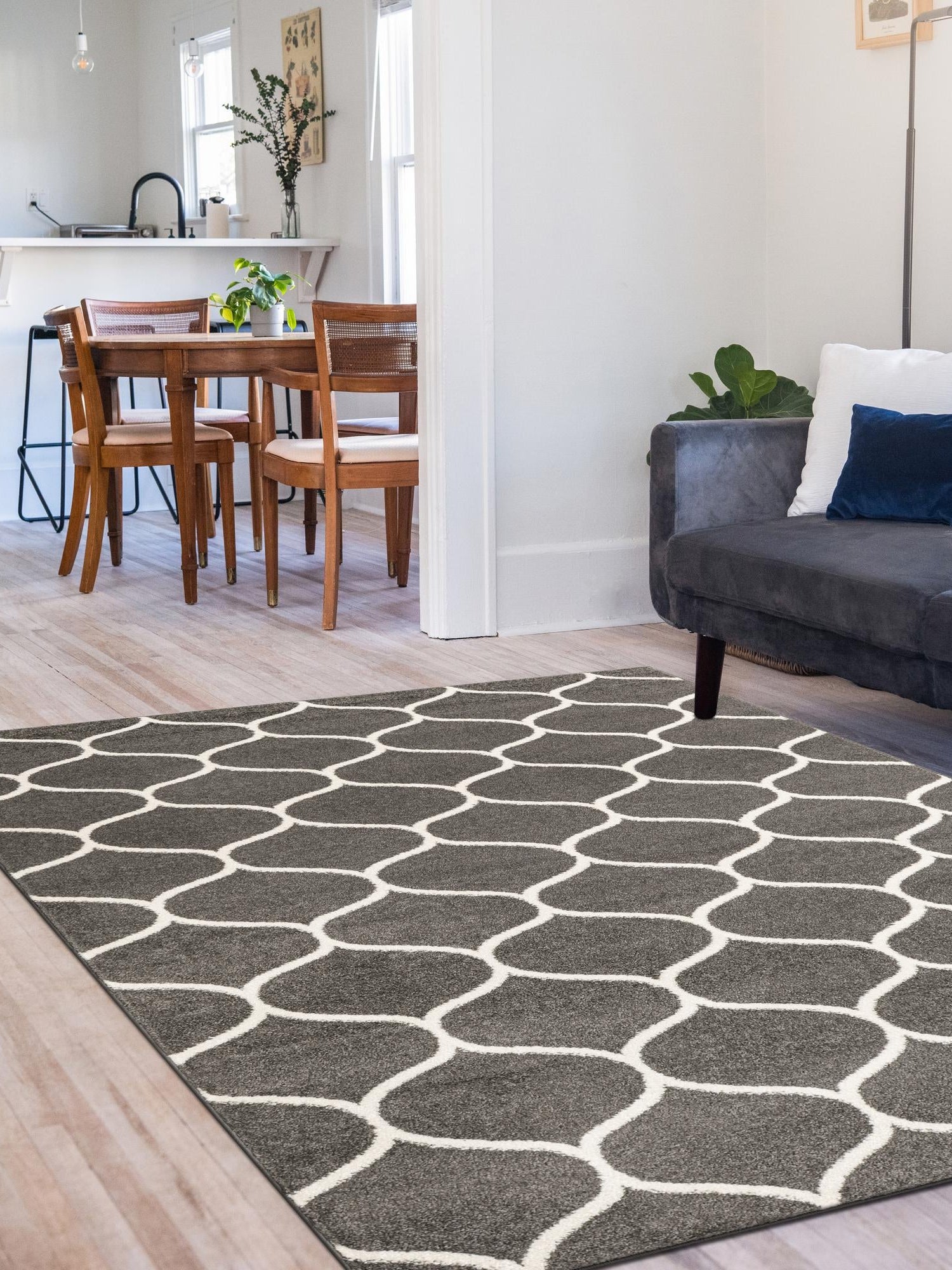 Dark Gray 7' 10 x 10' Trellis Frieze Rectangle Area Rug Geometric Modern Unique Stain Resistant Easy Clean Carpet for Living, Dining, Bedrooms, Office for Sale at Rug Engine
