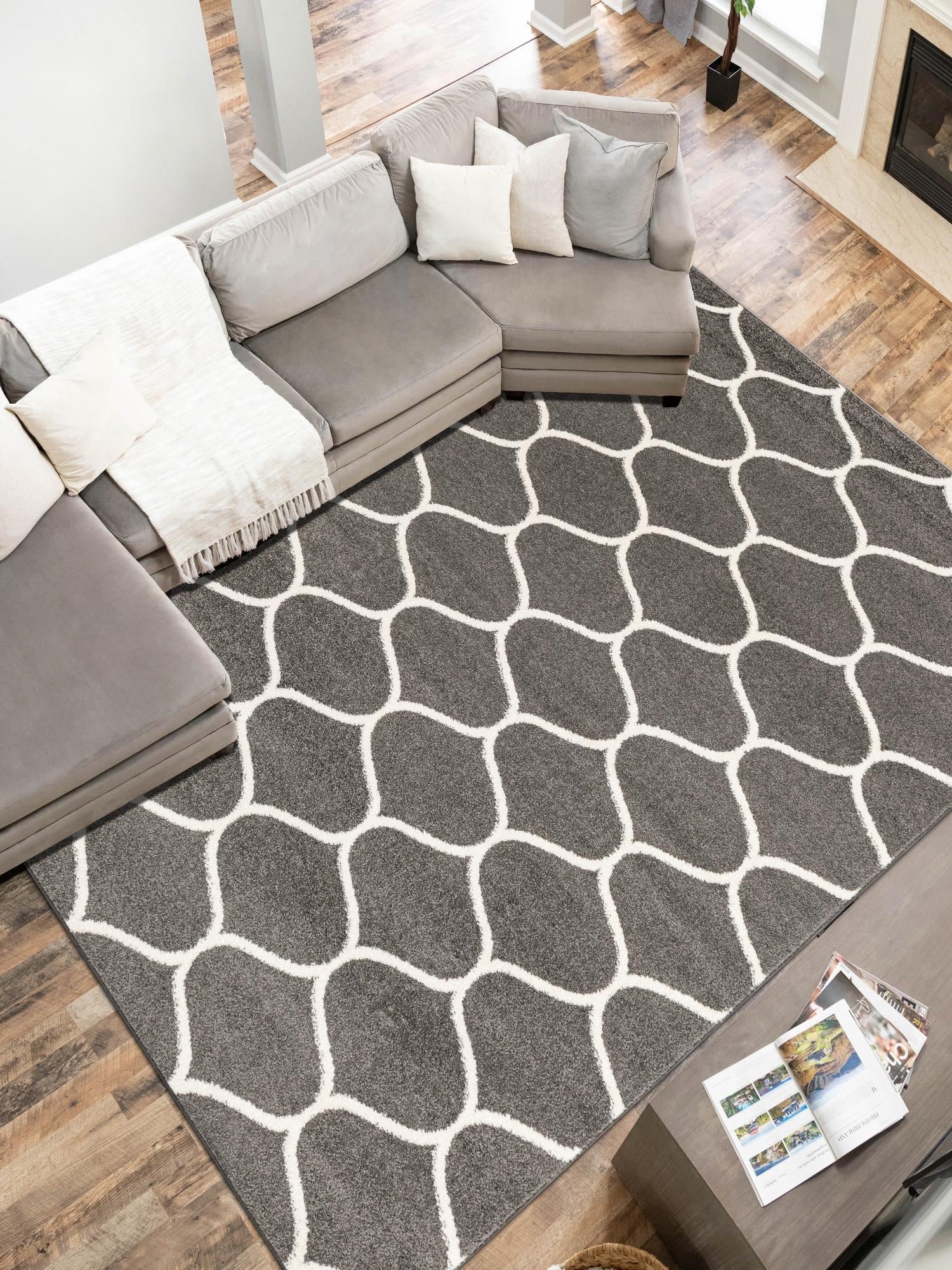 Dark Gray 5' 3 x 8' Trellis Frieze Rectangle Area Rug Geometric Modern Unique Stain Resistant Easy Clean Carpet for Living, Dining, Bedrooms, Office for Sale at Rug Engine