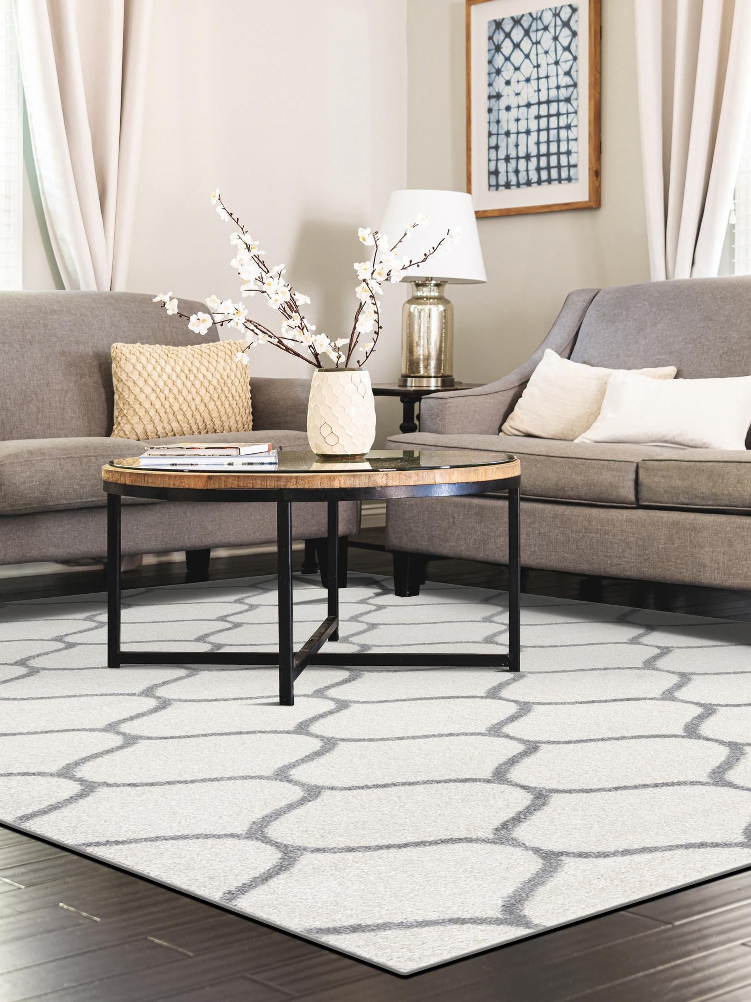 Ivory 9' x 12' Trellis Frieze Rectangle Area Rug Geometric Modern Unique Stain Resistant Easy Clean Carpet for Living, Dining, Bedrooms, Office for Sale at Rug Engine