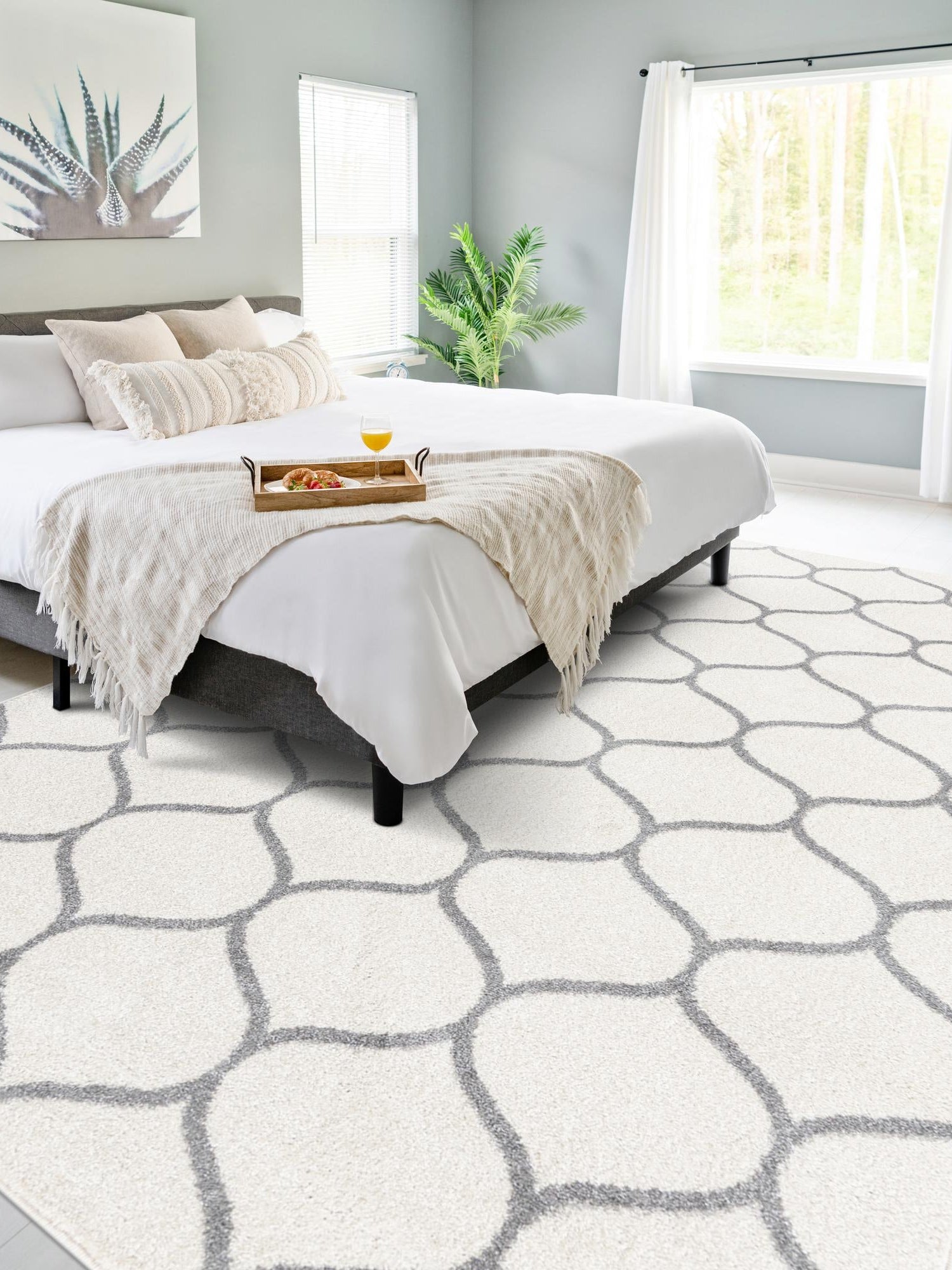 Ivory 9' x 12' Trellis Frieze Rectangle Area Rug Geometric Modern Unique Stain Resistant Easy Clean Carpet for Living, Dining, Bedrooms, Office for Sale at Rug Engine
