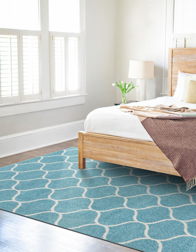 Light Blue 5' 3 x 8' Trellis Frieze Rectangle Area Rug Geometric Modern Unique Stain Resistant Easy Clean Carpet for Living, Dining, Bedrooms, Office for Sale at Rug Engine