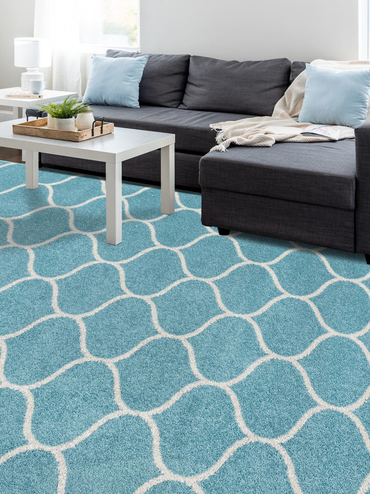 Light Blue 7' 10 x 10' Trellis Frieze Rectangle Area Rug Geometric Modern Unique Stain Resistant Easy Clean Carpet for Living, Dining, Bedrooms, Office for Sale at Rug Engine