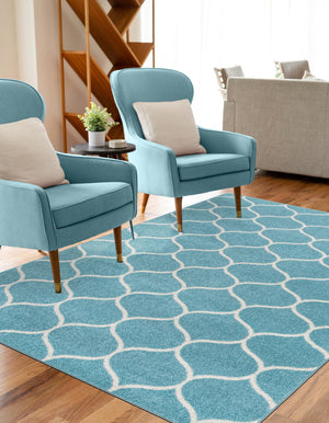 Light Blue 6' 1 x 9' Trellis Frieze Rectangle Area Rug Geometric Modern Unique Stain Resistant Easy Clean Carpet for Living, Dining, Bedrooms, Office for Sale at Rug Engine
