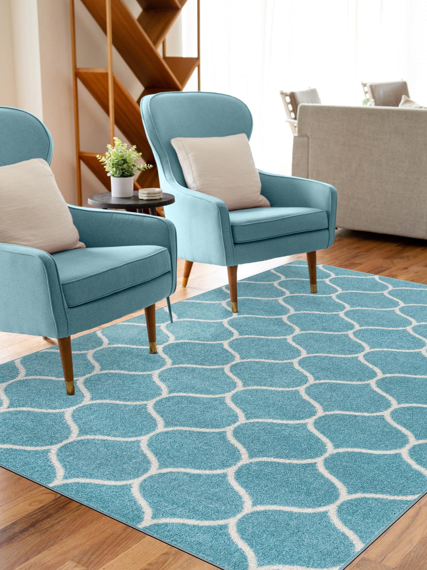 Light Blue 5' 3 x 8' Trellis Frieze Rectangle Area Rug Geometric Modern Unique Stain Resistant Easy Clean Carpet for Living, Dining, Bedrooms, Office for Sale at Rug Engine