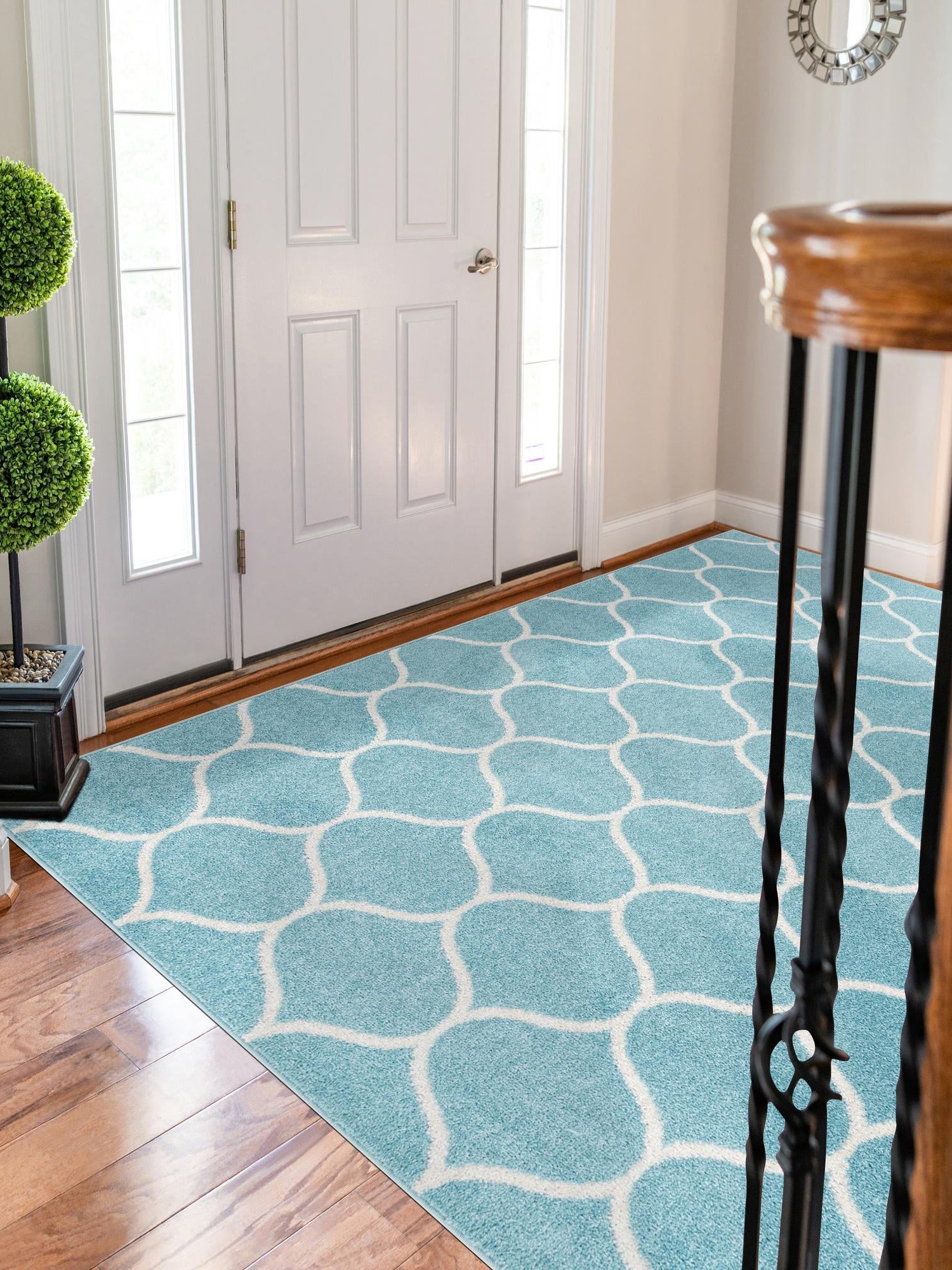 Light Blue 5' 3 x 8' Trellis Frieze Rectangle Area Rug Geometric Modern Unique Stain Resistant Easy Clean Carpet for Living, Dining, Bedrooms, Office for Sale at Rug Engine