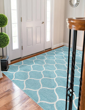 Light Blue 4' 1 x 6' 1 Trellis Frieze Rectangle Area Rug Geometric Modern Unique Stain Resistant Easy Clean Carpet for Living, Dining, Bedrooms, Office for Sale at Rug Engine