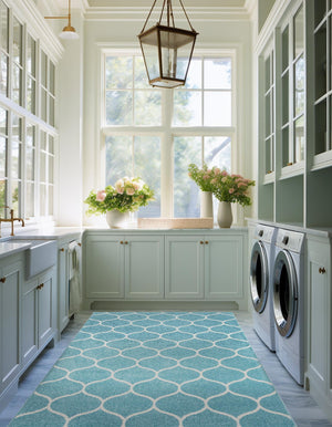 Light Blue 4' 1 x 6' 1 Trellis Frieze Rectangle Area Rug Geometric Modern Unique Stain Resistant Easy Clean Carpet for Living, Dining, Bedrooms, Office for Sale at Rug Engine