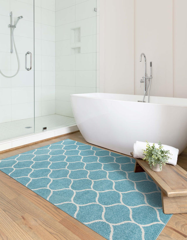 Light Blue 7' 10 x 11' Trellis Frieze Rectangle Area Rug Geometric Modern Unique Stain Resistant Easy Clean Carpet for Living, Dining, Bedrooms, Office for Sale at Rug Engine
