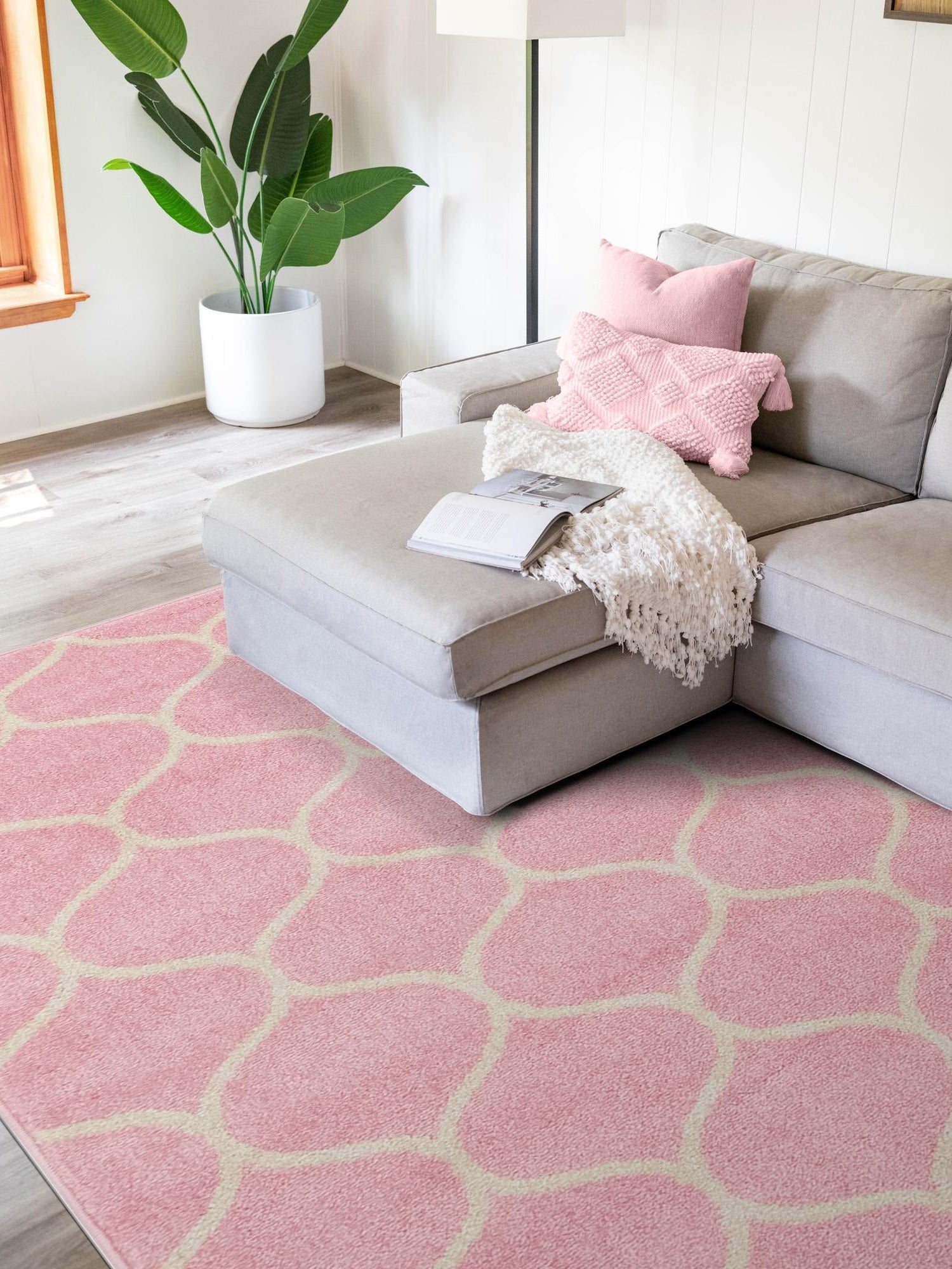 Light Pink 9' x 12' Trellis Frieze Rectangle Area Rug Geometric Modern Unique Stain Resistant Easy Clean Carpet for Living, Dining, Bedrooms, Office for Sale at Rug Engine