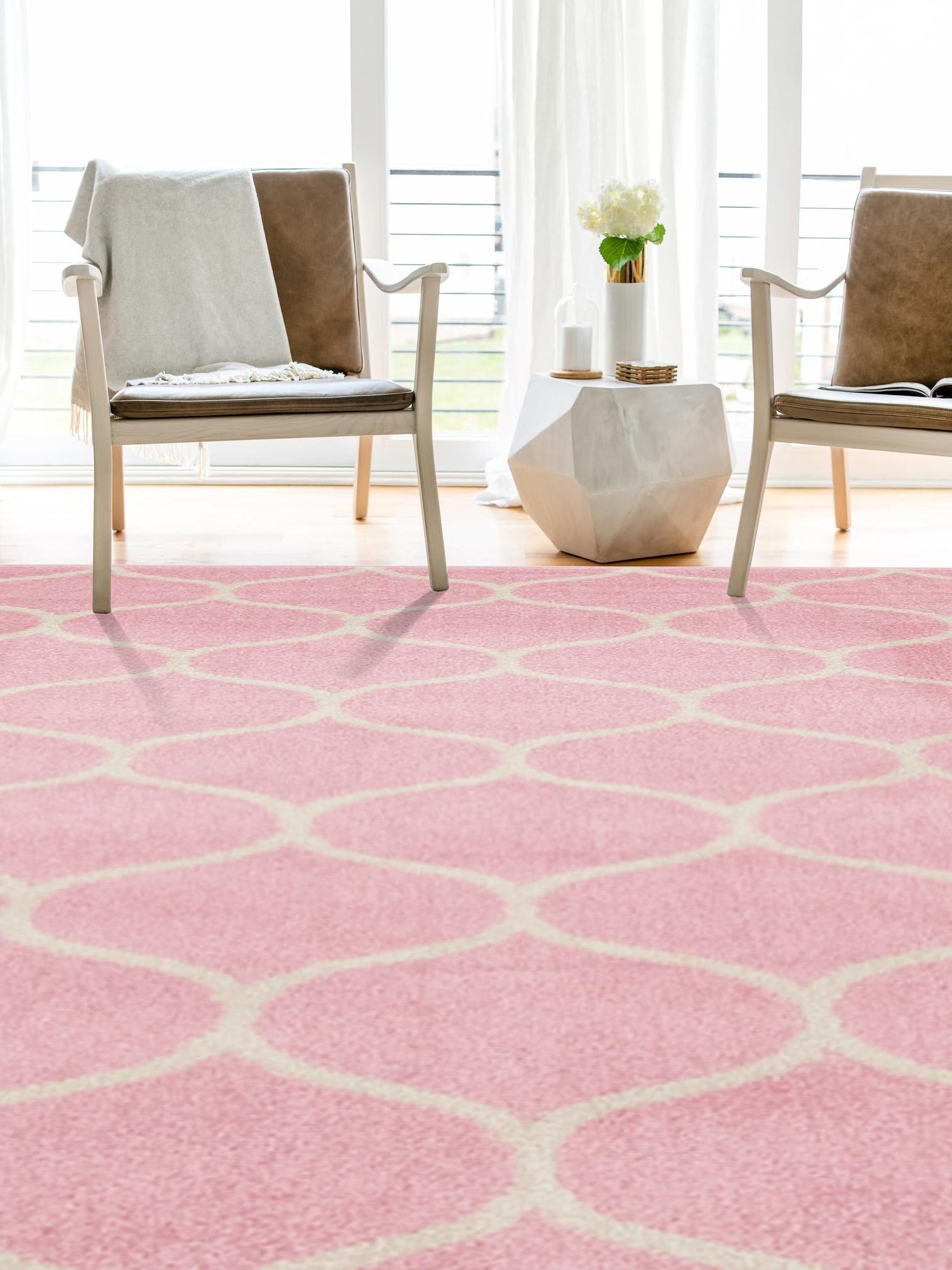 Light Pink 9' x 12' Trellis Frieze Rectangle Area Rug Geometric Modern Unique Stain Resistant Easy Clean Carpet for Living, Dining, Bedrooms, Office for Sale at Rug Engine