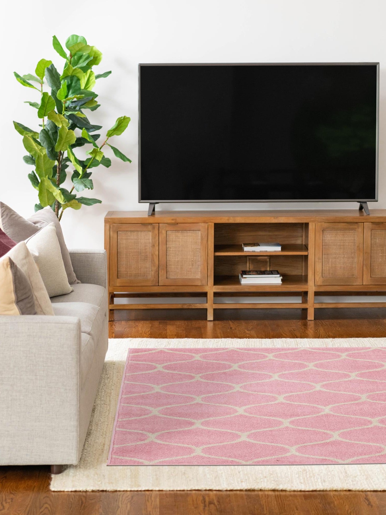 Light Pink 9' x 12' Trellis Frieze Rectangle Area Rug Geometric Modern Unique Stain Resistant Easy Clean Carpet for Living, Dining, Bedrooms, Office for Sale at Rug Engine