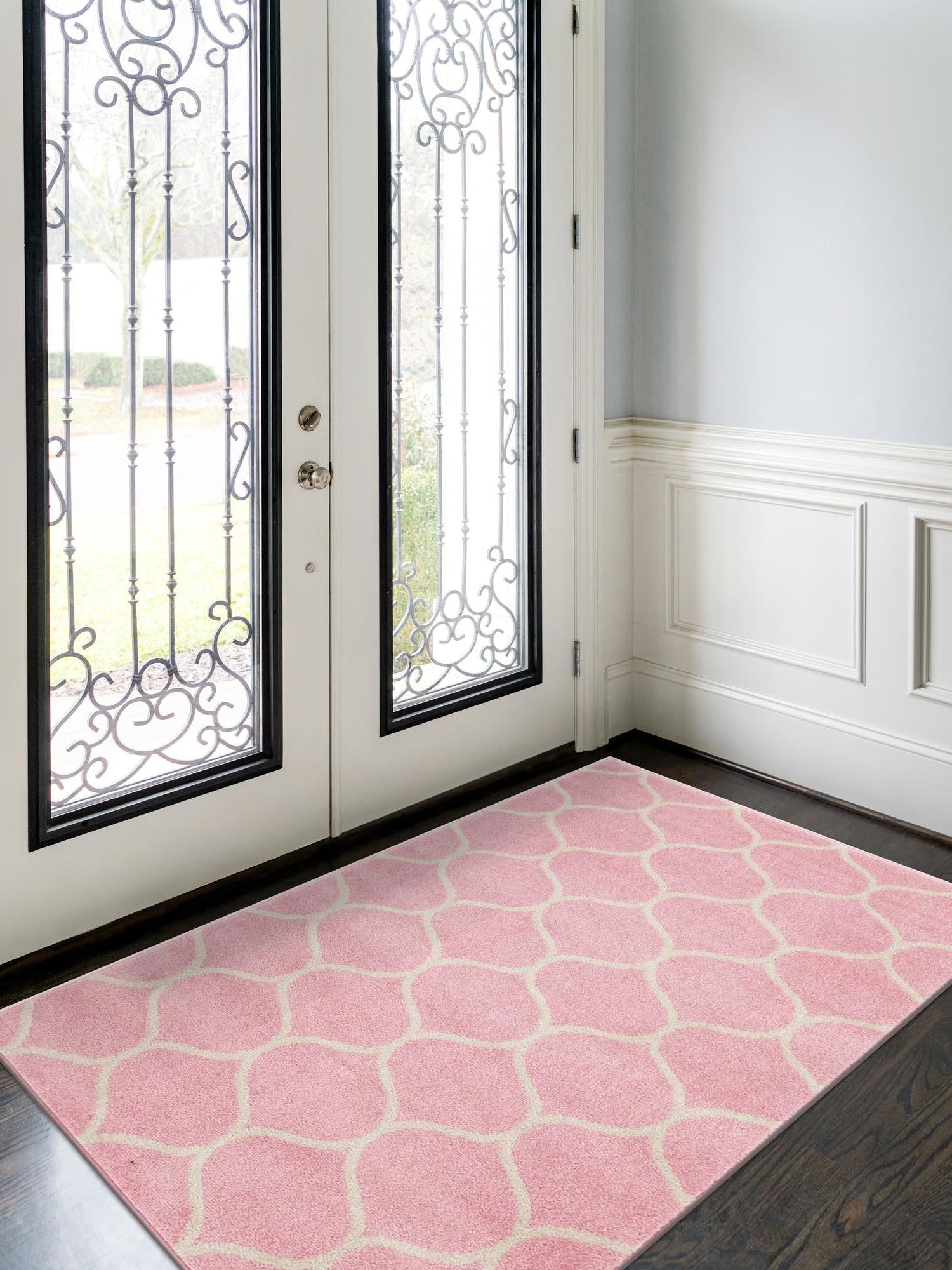Light Pink 9' x 12' Trellis Frieze Rectangle Area Rug Geometric Modern Unique Stain Resistant Easy Clean Carpet for Living, Dining, Bedrooms, Office for Sale at Rug Engine