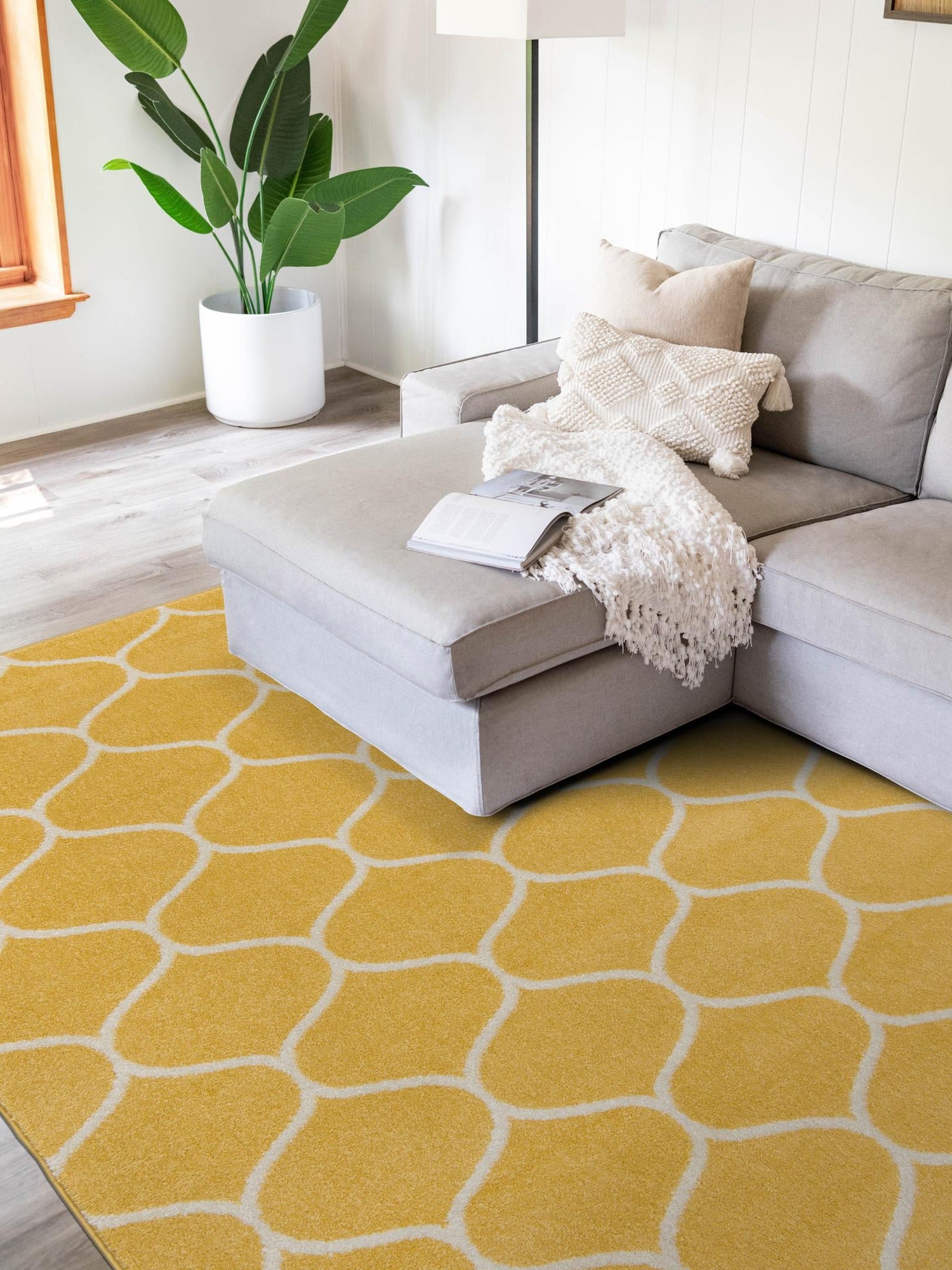 Yellow 9' x 12' Trellis Frieze Rectangle Area Rug Geometric Modern Unique Stain Resistant Easy Clean Carpet for Living, Dining, Bedrooms, Office for Sale at Rug Engine
