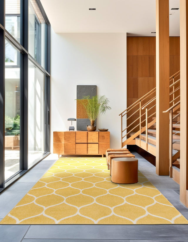 Yellow 9' x 12' Trellis Frieze Rectangle Area Rug Geometric Modern Unique Stain Resistant Easy Clean Carpet for Living, Dining, Bedrooms, Office for Sale at Rug Engine