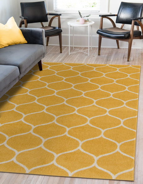 Yellow 6' 1 x 9' Trellis Frieze Rectangle Area Rug Geometric Modern Unique Stain Resistant Easy Clean Carpet for Living, Dining, Bedrooms, Office for Sale at Rug Engine
