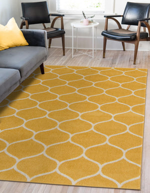 Yellow 7' 1 x 10' Trellis Frieze Rectangle Area Rug Geometric Modern Unique Stain Resistant Easy Clean Carpet for Living, Dining, Bedrooms, Office for Sale at Rug Engine