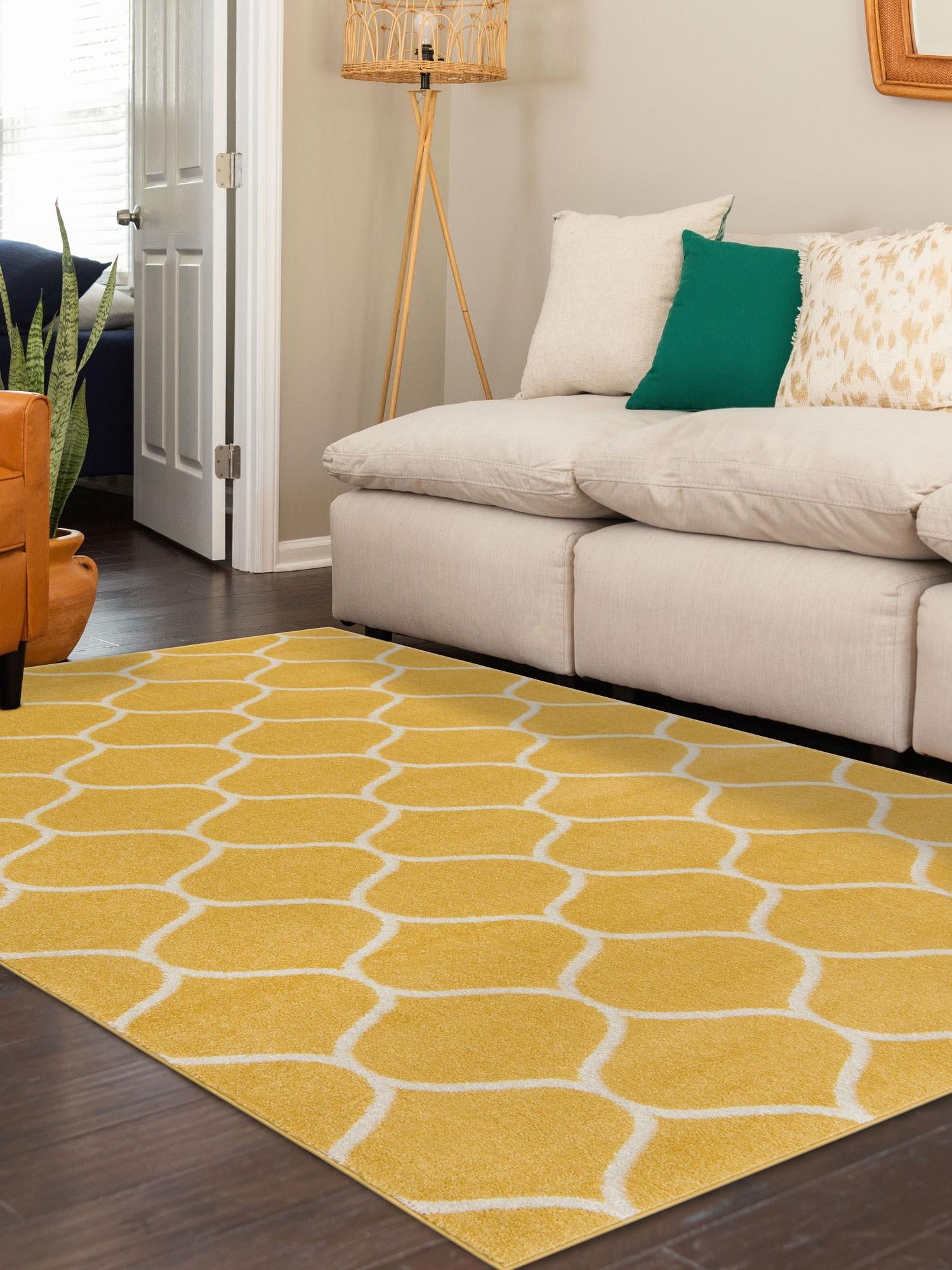 Yellow 3' 1 x 5' 3 Trellis Frieze Rectangle Area Rug Geometric Modern Unique Stain Resistant Easy Clean Carpet for Living, Dining, Bedrooms, Office for Sale at Rug Engine