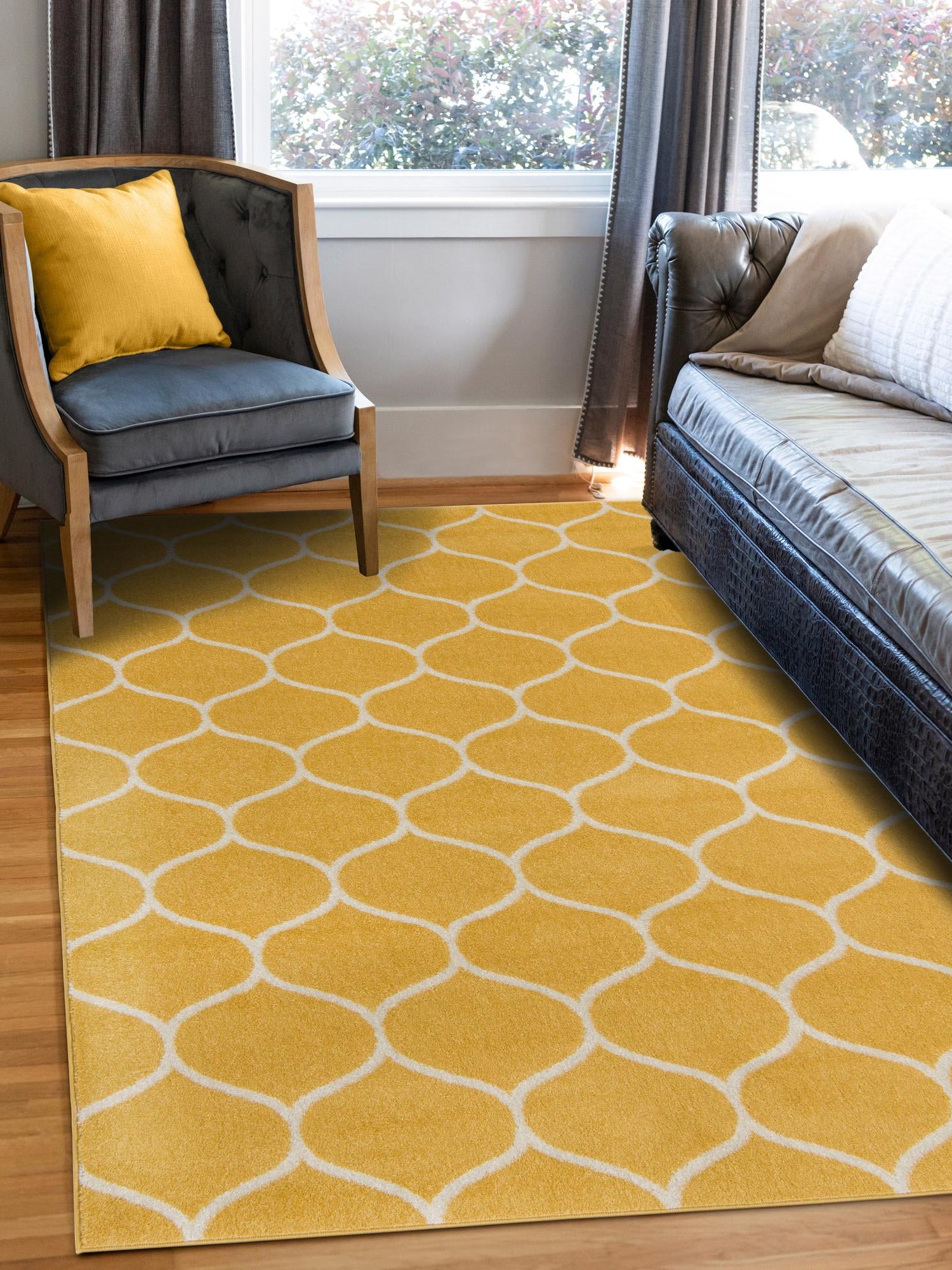 Yellow 10' x 14' 1 Trellis Frieze Rectangle Area Rug Geometric Modern Unique Stain Resistant Easy Clean Carpet for Living, Dining, Bedrooms, Office for Sale at Rug Engine
