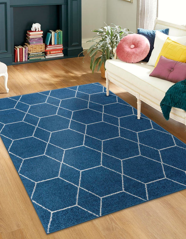 Navy Blue 10' x 13' 1 Trellis Frieze Rectangle Area Rug Geometric Modern Unique Stain Resistant Easy Clean Carpet for Living, Dining, Bedrooms, Office for Sale at Rug Engine
