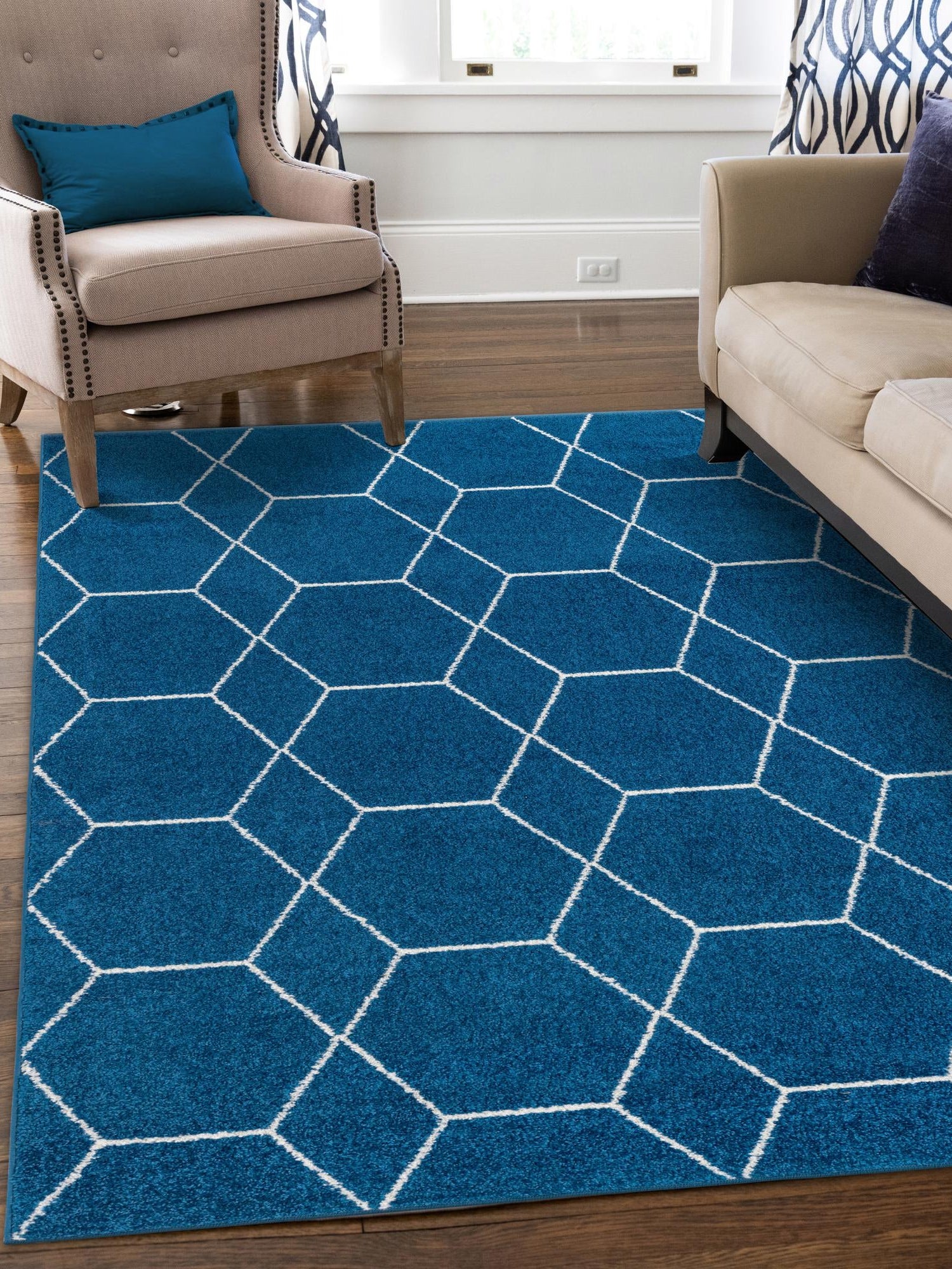 Navy Blue 10' x 13' 1 Trellis Frieze Rectangle Area Rug Geometric Modern Unique Stain Resistant Easy Clean Carpet for Living, Dining, Bedrooms, Office for Sale at Rug Engine