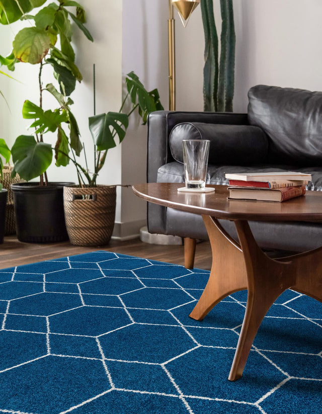 Navy Blue 10' x 13' 1 Trellis Frieze Rectangle Area Rug Geometric Modern Unique Stain Resistant Easy Clean Carpet for Living, Dining, Bedrooms, Office for Sale at Rug Engine
