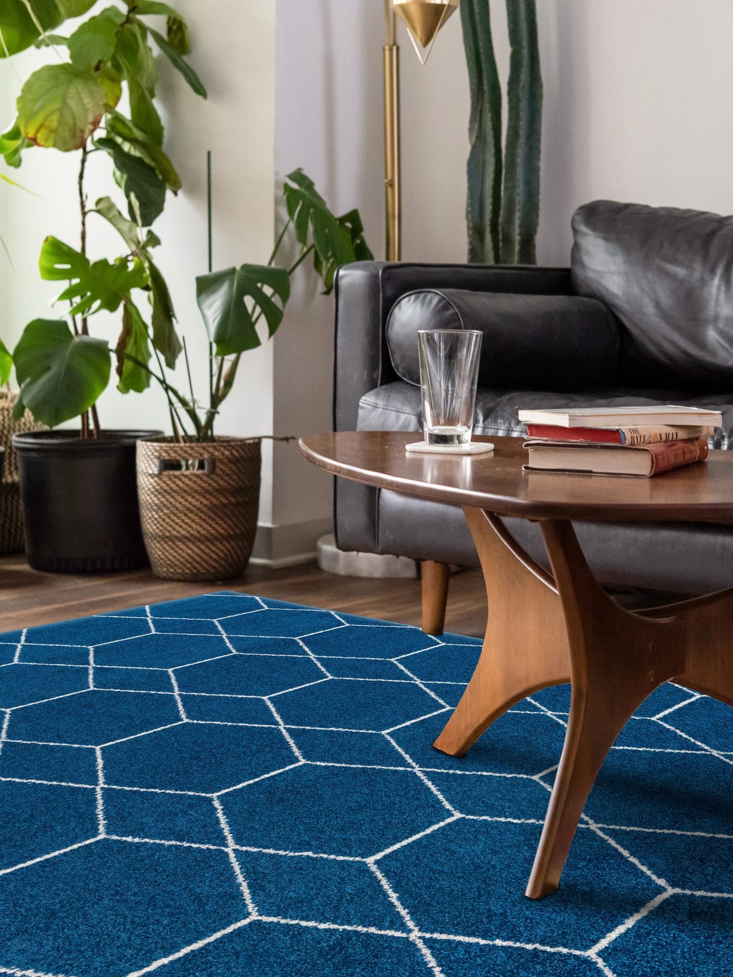 Navy Blue 6' 1 x 9' Trellis Frieze Rectangle Area Rug Geometric Modern Unique Stain Resistant Easy Clean Carpet for Living, Dining, Bedrooms, Office for Sale at Rug Engine