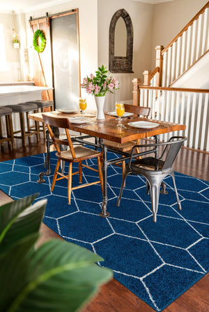 Navy Blue 10' x 13' 1 Trellis Frieze Rectangle Area Rug Geometric Modern Unique Stain Resistant Easy Clean Carpet for Living, Dining, Bedrooms, Office for Sale at Rug Engine