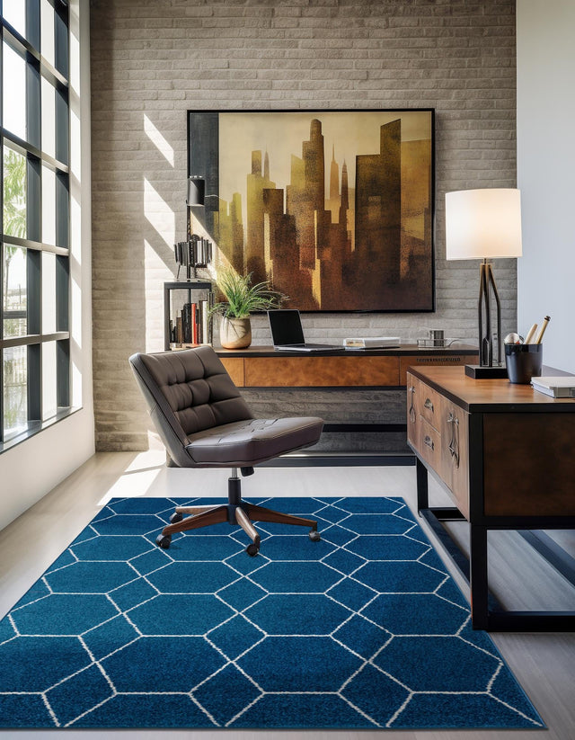 Navy Blue 10' x 13' 1 Trellis Frieze Rectangle Area Rug Geometric Modern Unique Stain Resistant Easy Clean Carpet for Living, Dining, Bedrooms, Office for Sale at Rug Engine