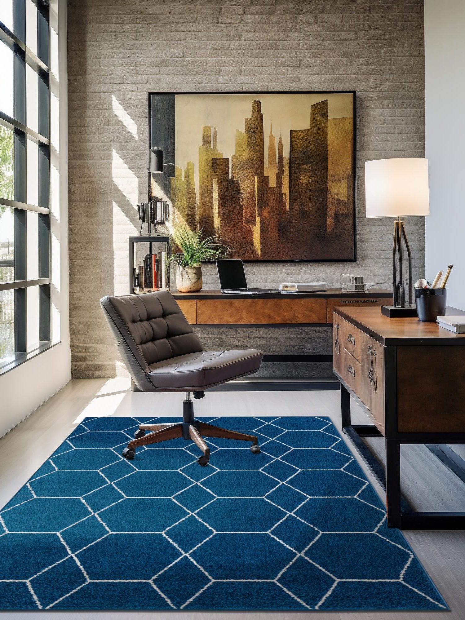 Navy Blue 7' 1 x 10' Trellis Frieze Rectangle Area Rug Geometric Modern Unique Stain Resistant Easy Clean Carpet for Living, Dining, Bedrooms, Office for Sale at Rug Engine