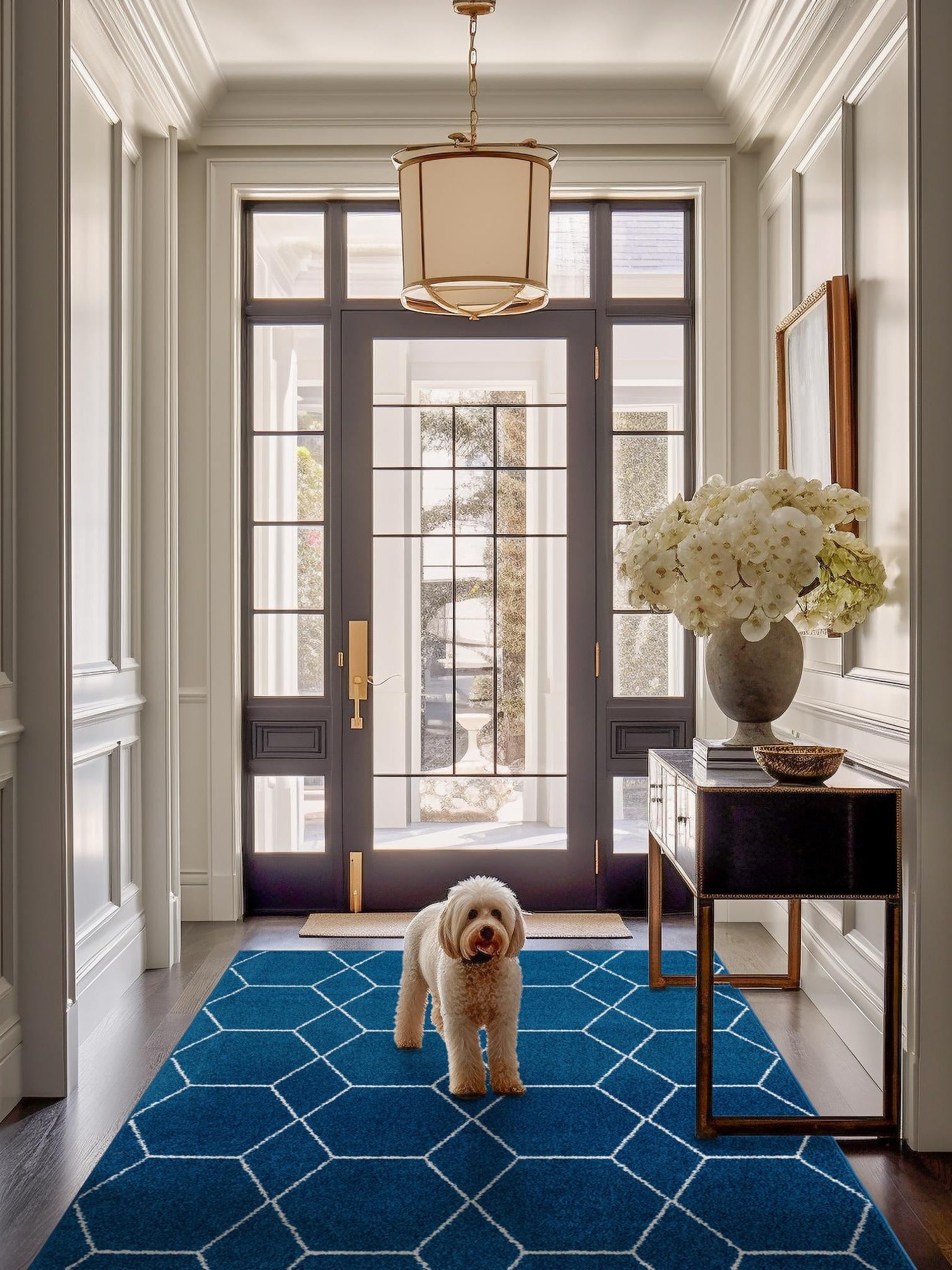 Navy Blue 4' 1 x 6' 1 Trellis Frieze Rectangle Area Rug Geometric Modern Unique Stain Resistant Easy Clean Carpet for Living, Dining, Bedrooms, Office for Sale at Rug Engine