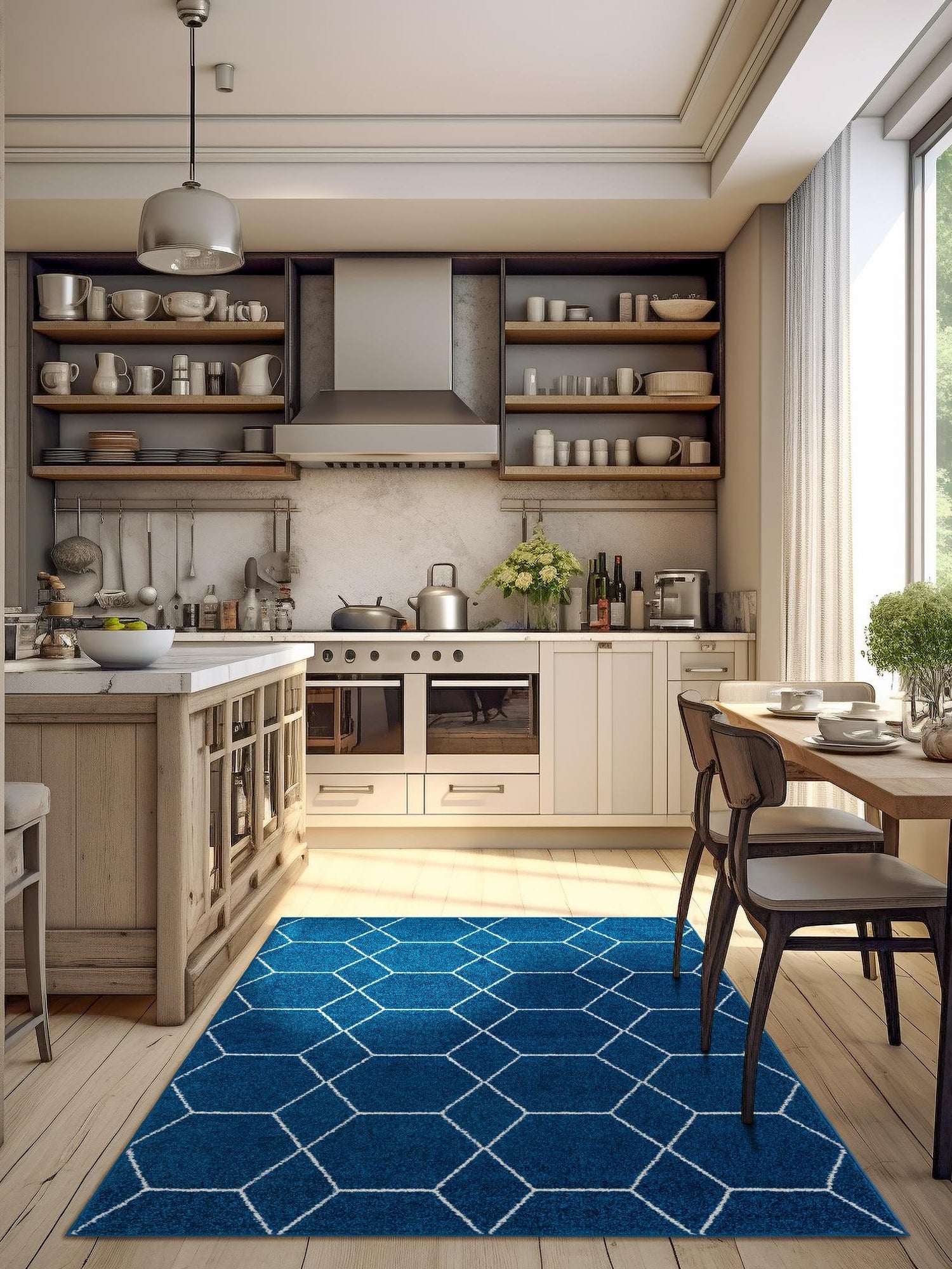 Navy Blue 7' 1 x 10' Trellis Frieze Rectangle Area Rug Geometric Modern Unique Stain Resistant Easy Clean Carpet for Living, Dining, Bedrooms, Office for Sale at Rug Engine