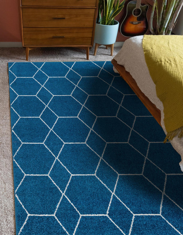 Navy Blue 10' x 13' 1 Trellis Frieze Rectangle Area Rug Geometric Modern Unique Stain Resistant Easy Clean Carpet for Living, Dining, Bedrooms, Office for Sale at Rug Engine
