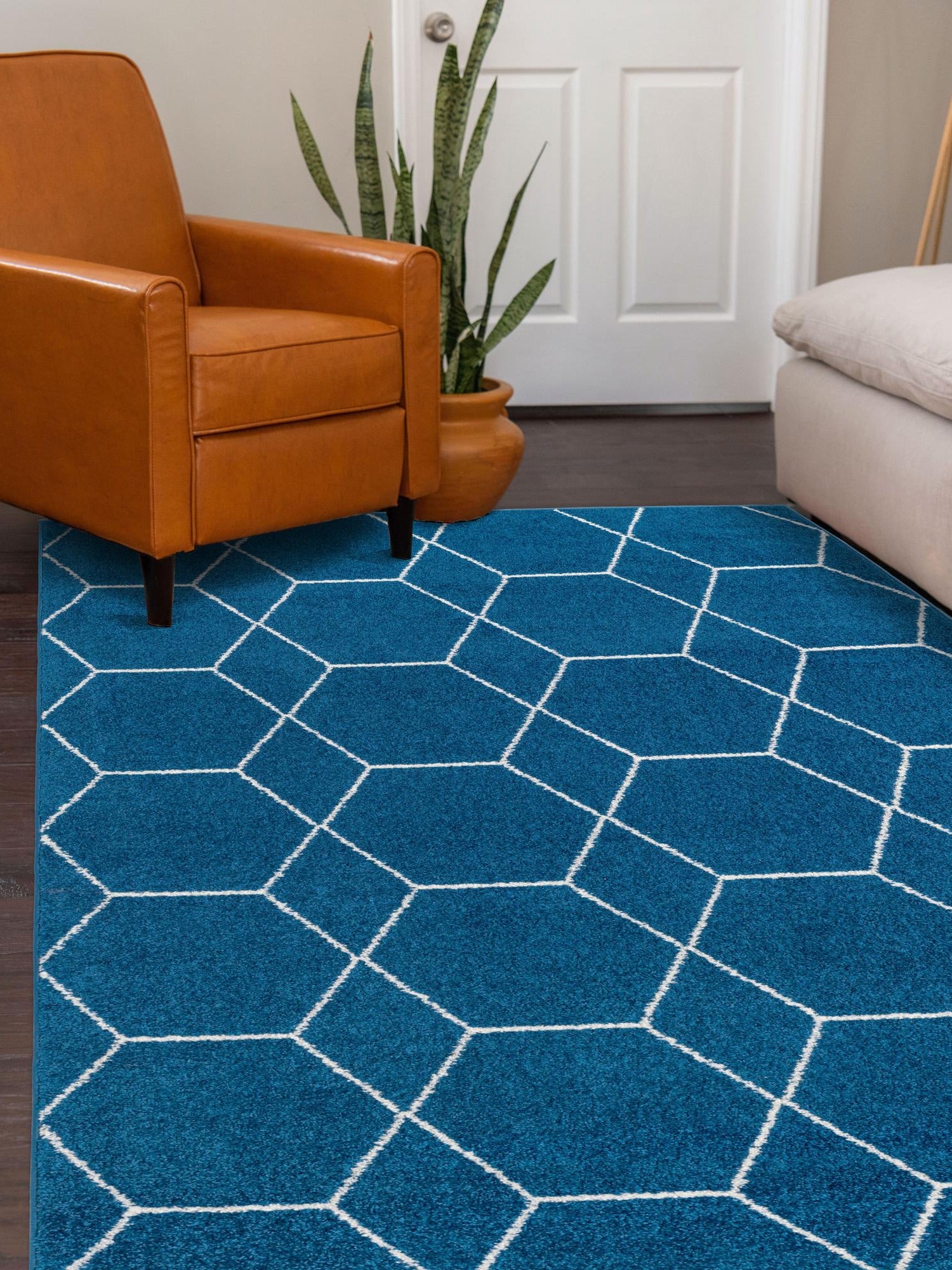 Navy Blue 7' 1 x 10' Trellis Frieze Rectangle Area Rug Geometric Modern Unique Stain Resistant Easy Clean Carpet for Living, Dining, Bedrooms, Office for Sale at Rug Engine