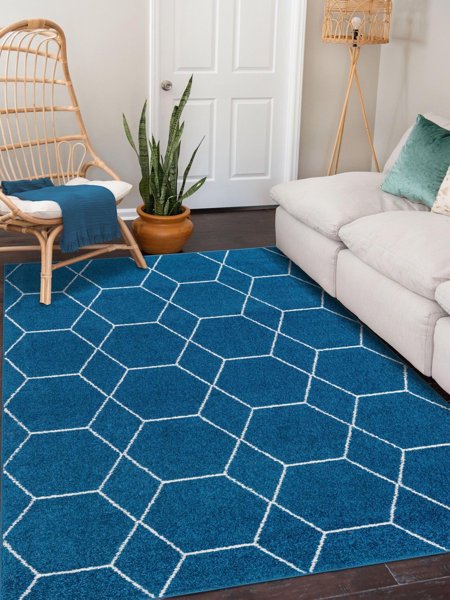 Navy Blue 7' 1 x 10' Trellis Frieze Rectangle Area Rug Geometric Modern Unique Stain Resistant Easy Clean Carpet for Living, Dining, Bedrooms, Office for Sale at Rug Engine