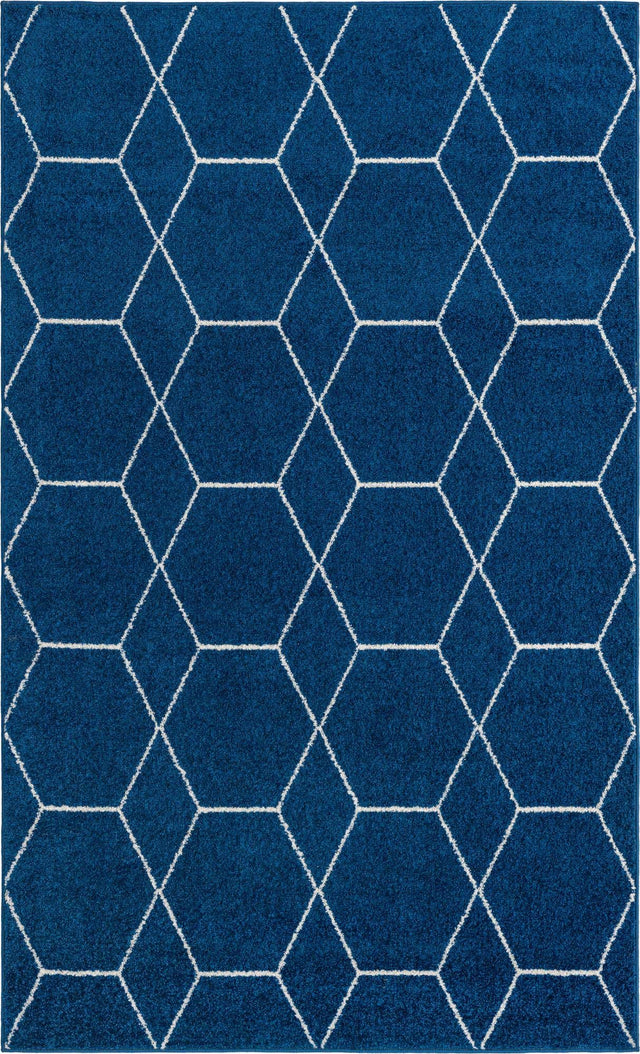 Navy Blue 5' 3 x 8' Trellis Frieze Rectangle Area Rug Geometric Modern Unique Stain Resistant Easy Clean Carpet for Living, Dining, Bedrooms, Office for Sale at Rug Engine