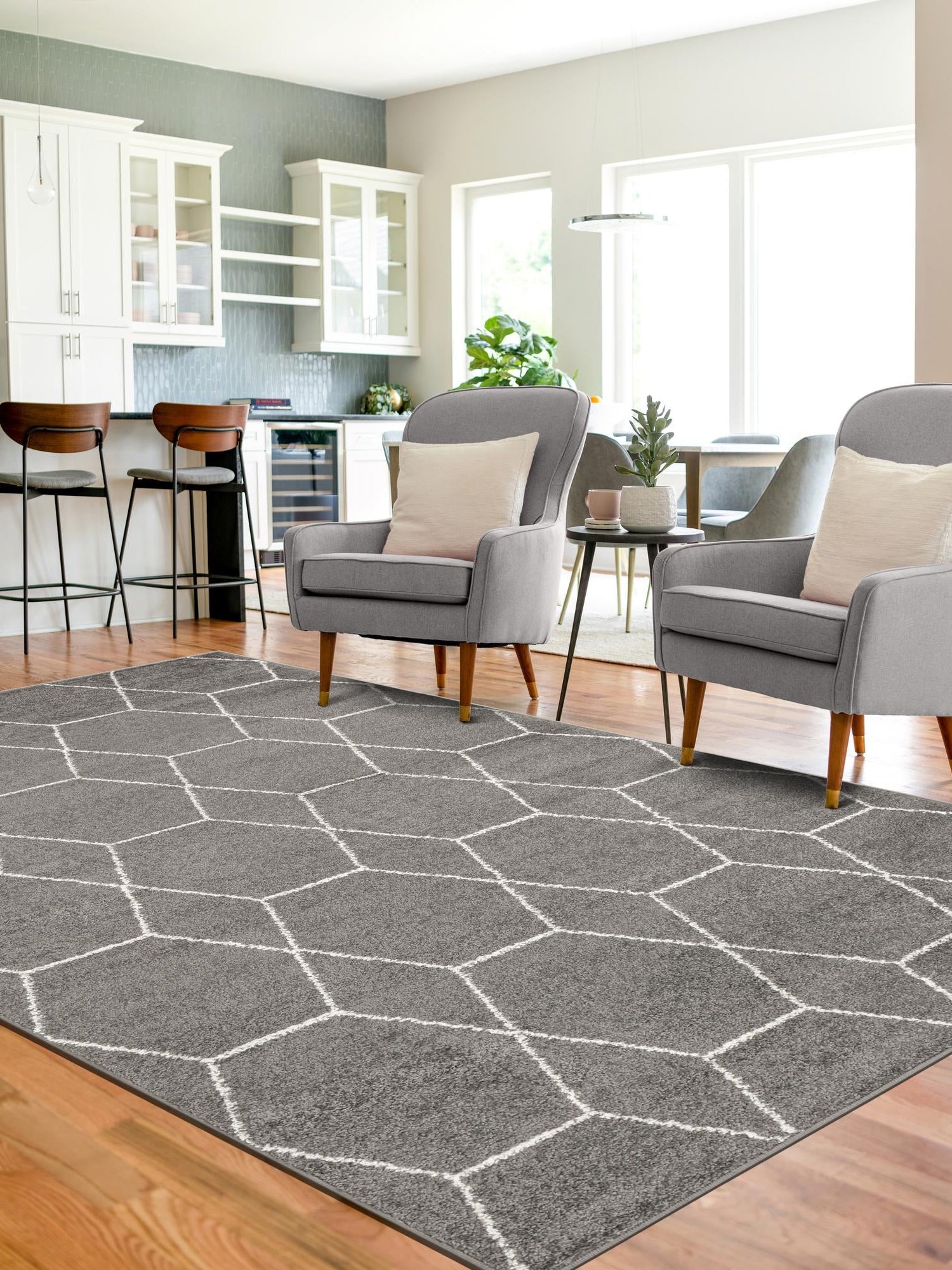 Dark Gray 6' 1 x 9' Trellis Frieze Rectangle Area Rug Geometric Modern Unique Stain Resistant Easy Clean Carpet for Living, Dining, Bedrooms, Office for Sale at Rug Engine