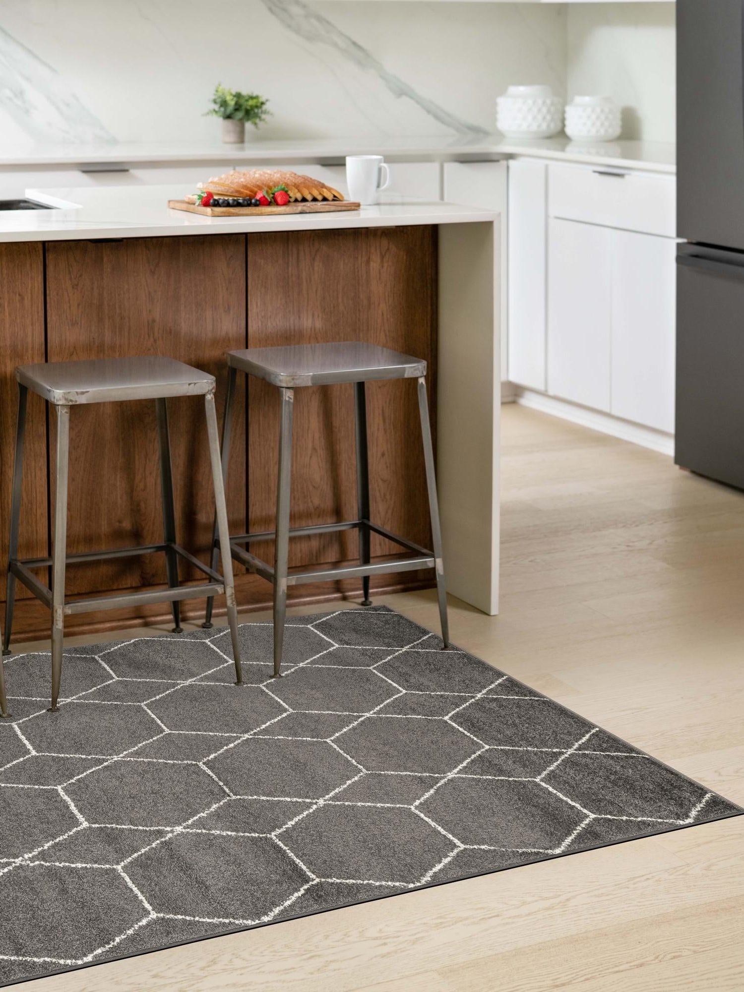 Dark Gray 6' 1 x 9' Trellis Frieze Rectangle Area Rug Geometric Modern Unique Stain Resistant Easy Clean Carpet for Living, Dining, Bedrooms, Office for Sale at Rug Engine