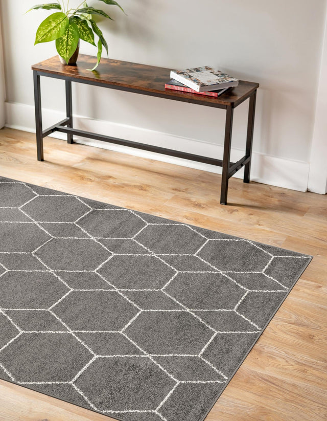 Dark Gray 6' 1 x 9' Trellis Frieze Rectangle Area Rug Geometric Modern Unique Stain Resistant Easy Clean Carpet for Living, Dining, Bedrooms, Office for Sale at Rug Engine