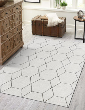 Ivory 7' 10 x 11' Trellis Frieze Rectangle Area Rug Geometric Modern Unique Stain Resistant Easy Clean Carpet for Living, Dining, Bedrooms, Office for Sale at Rug Engine